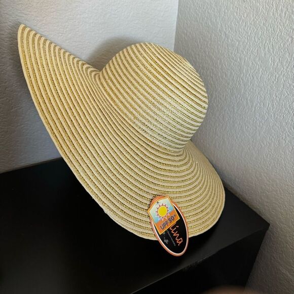 Kallina Metallic Gold & Straw Floppy Round Sun Hat Beach - Picture 3 of 8